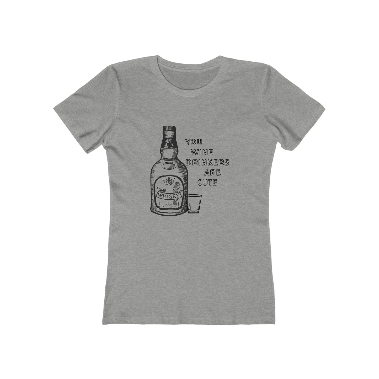 Gray t-shirt with a graphic of a bottle and text on a white background