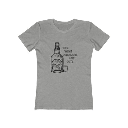 Gray t-shirt with a graphic of a bottle and text on a white background