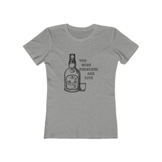Gray t-shirt with a graphic of a bottle and text on a white background