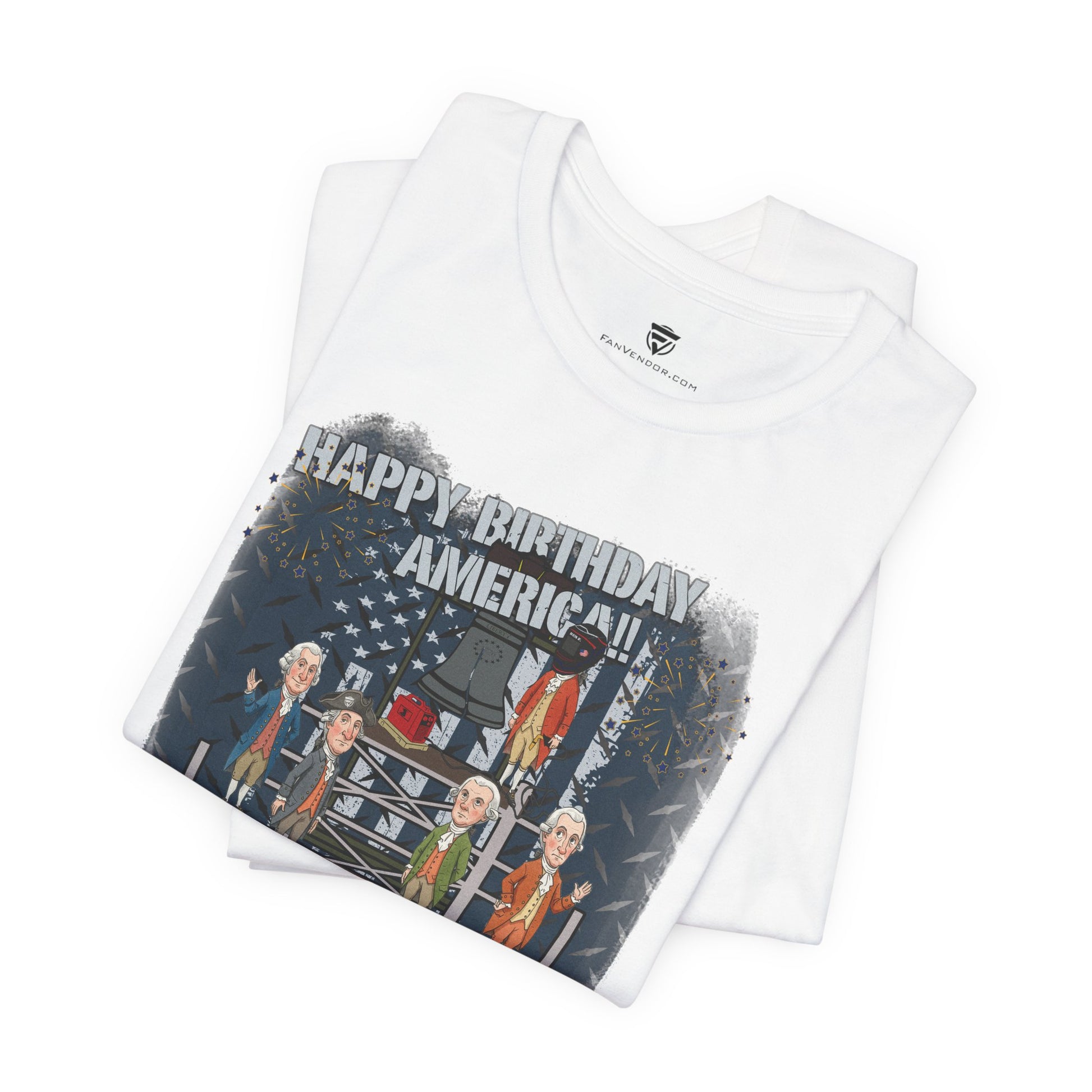 White t-shirt with 'Happy Birthday America!' graphic design on a white background