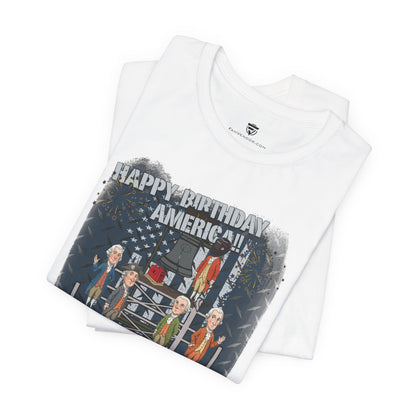 White t-shirt with 'Happy Birthday America!' graphic design on a white background