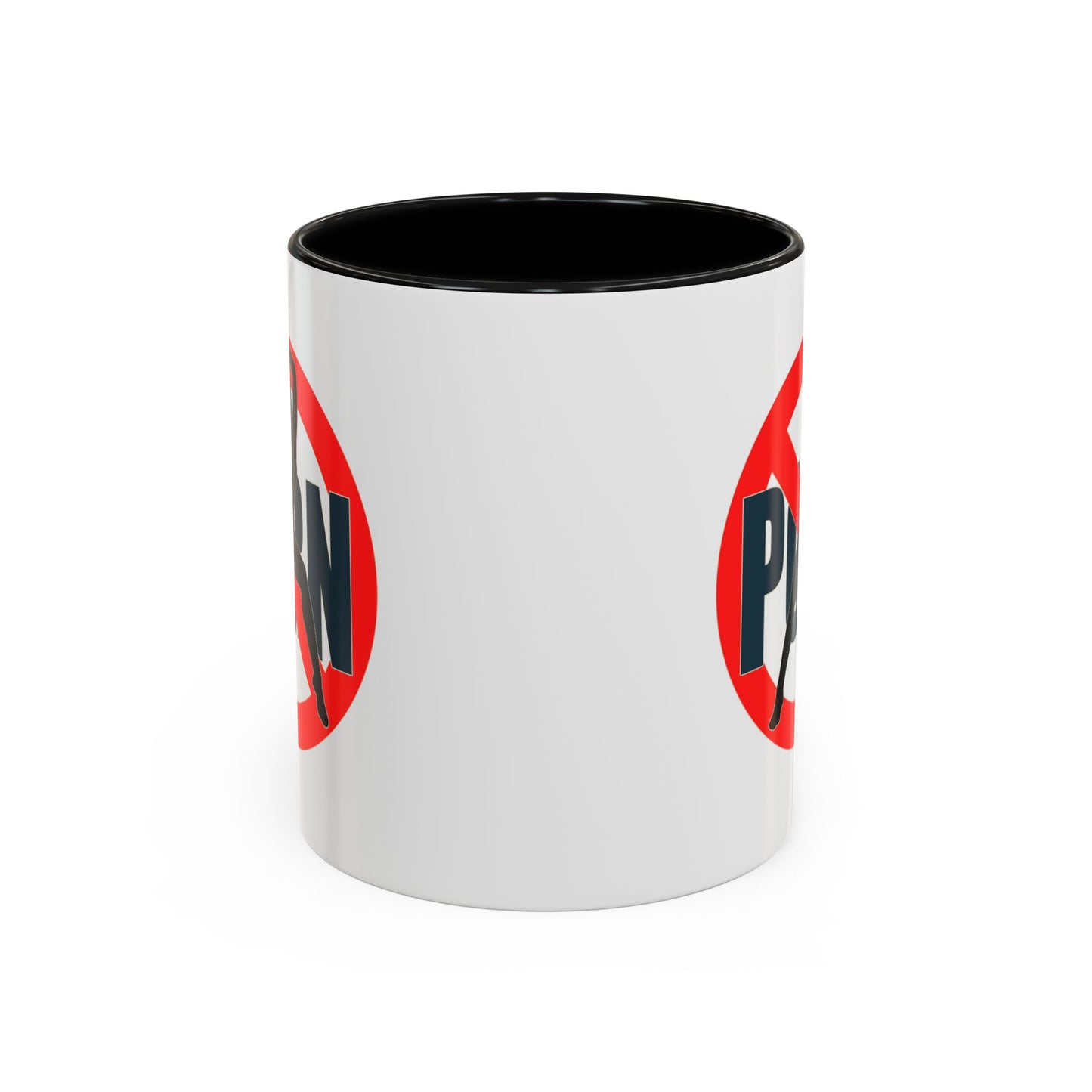 White mug with black interior and red and black design on a white background