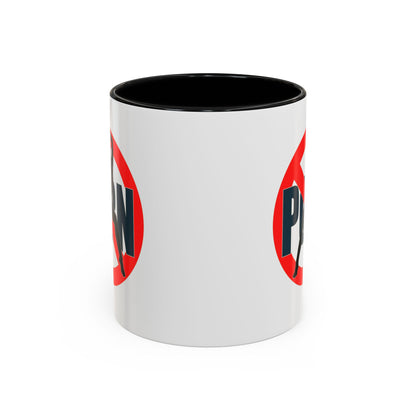White mug with black interior and red and black design on a white background