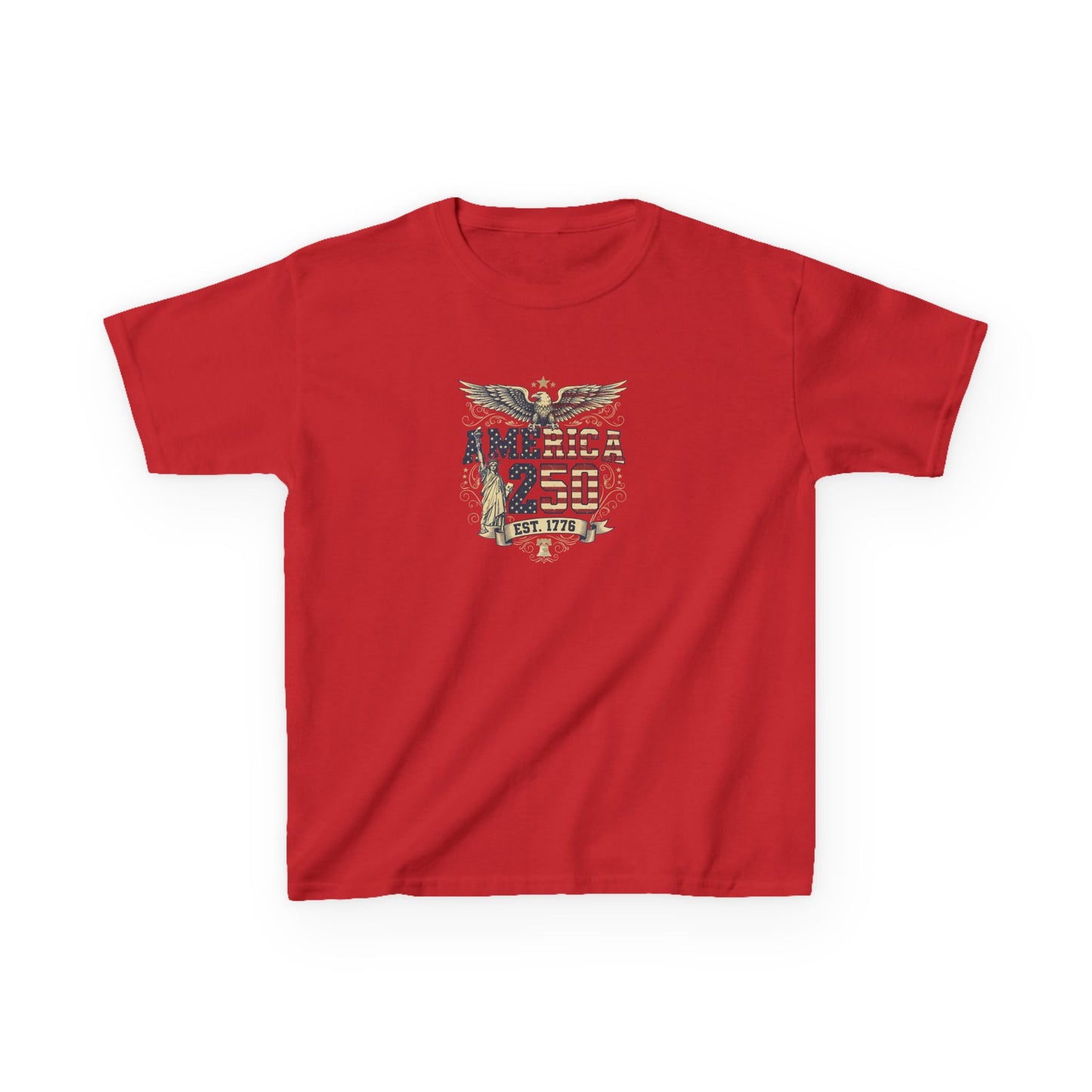 Red t-shirt with a graphic design on a white background