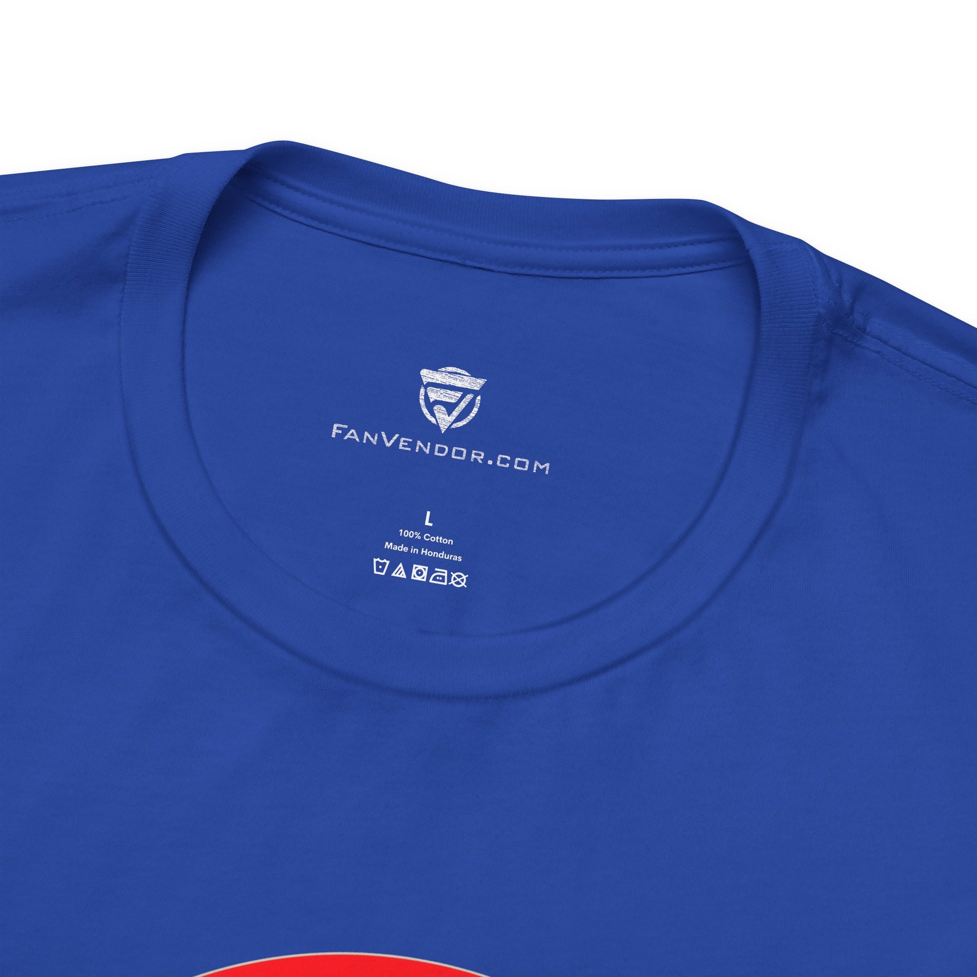 Close-up of a blue t-shirt with 'Fanvendor.com' logo on the collar.