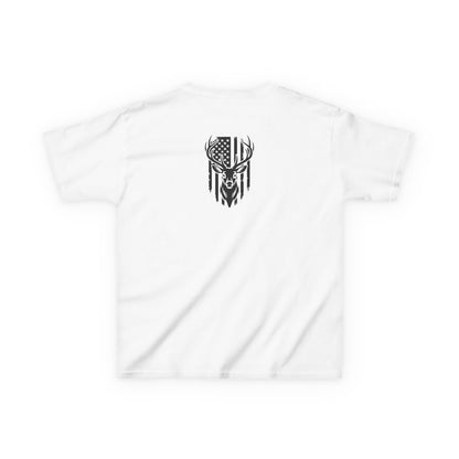 White t-shirt with black graphic design on a white background