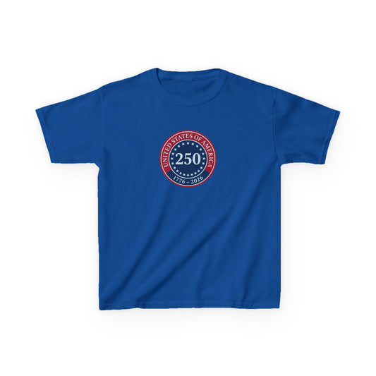 Blue t-shirt with a red and white emblem on a white background