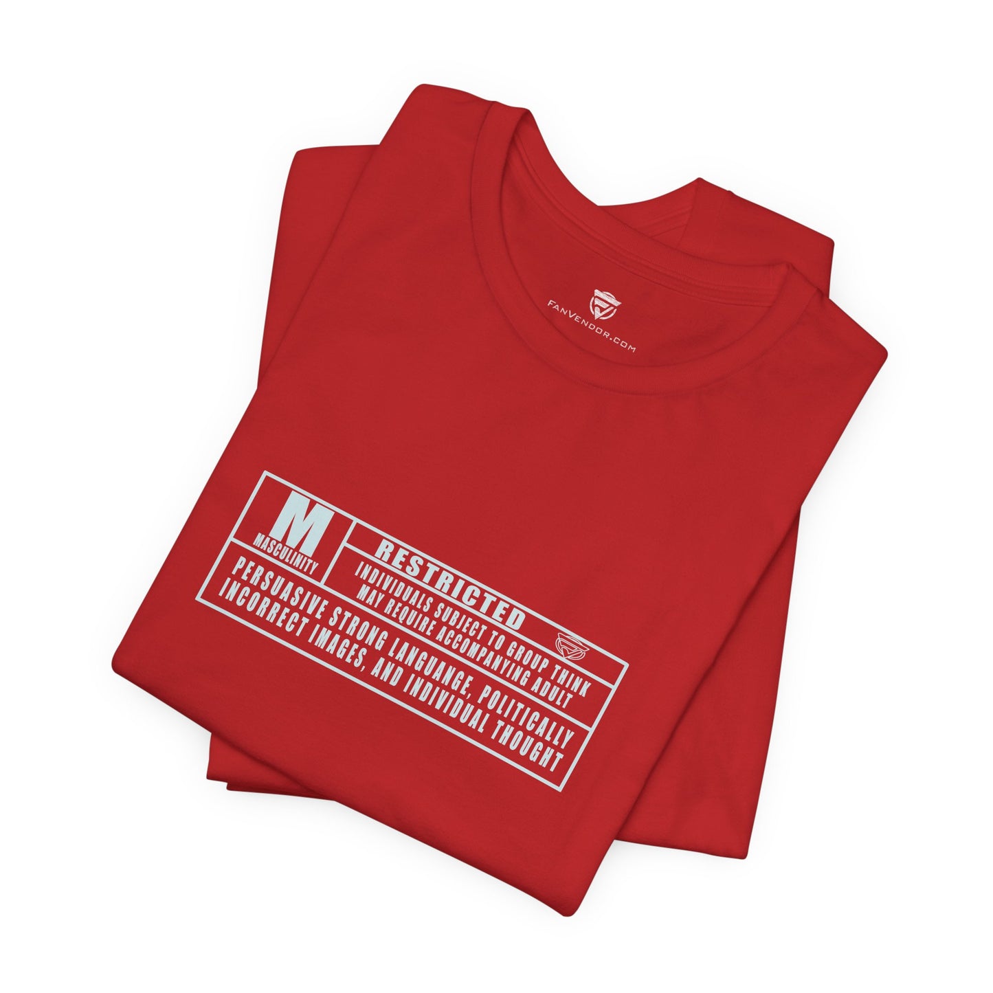 Folded red t-shirt with text and logo on a white background