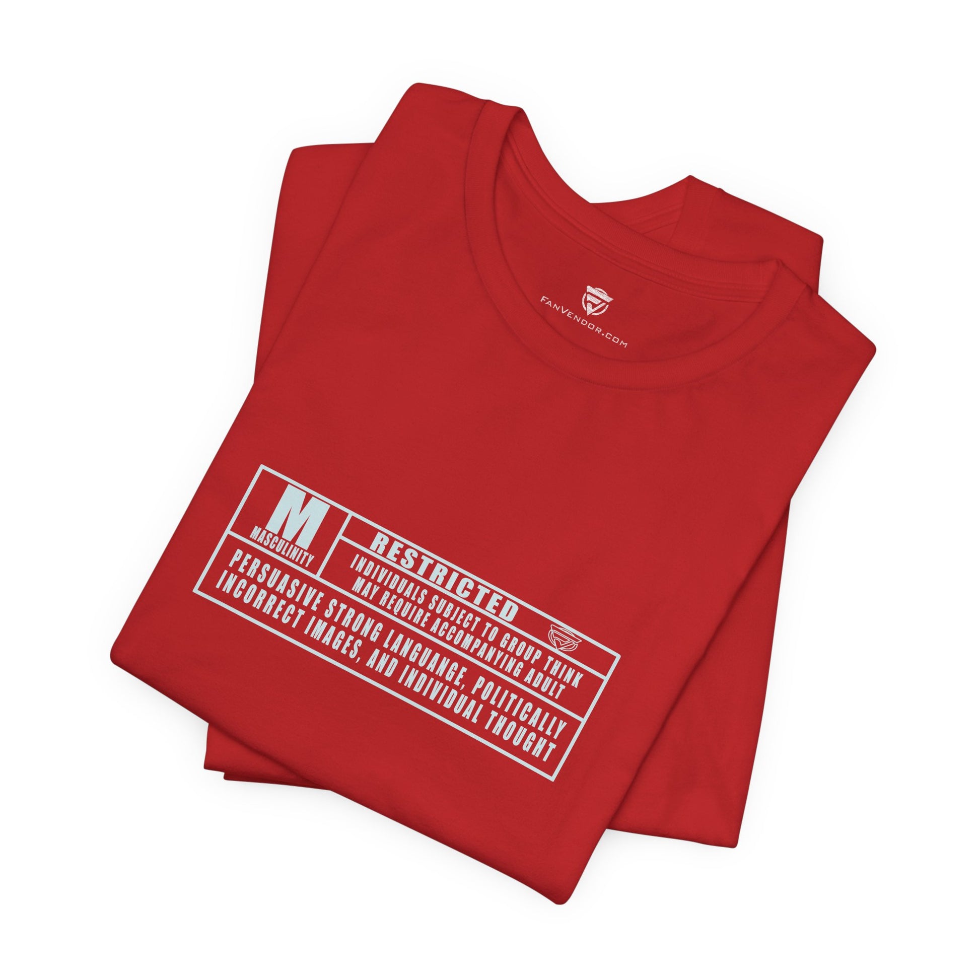 Folded red t-shirt with text and logo on a white background