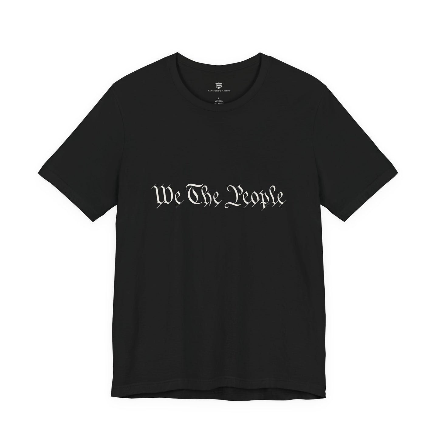 Black t-shirt with white text on a white background