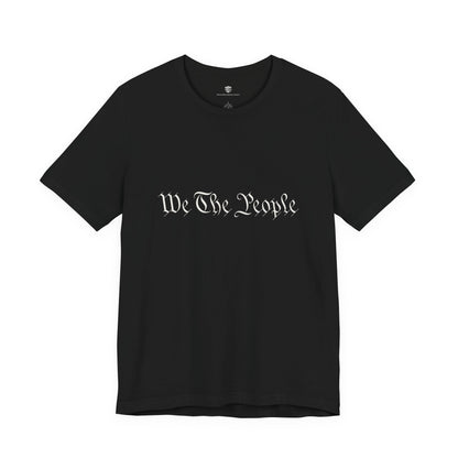 Black t-shirt with white text on a white background