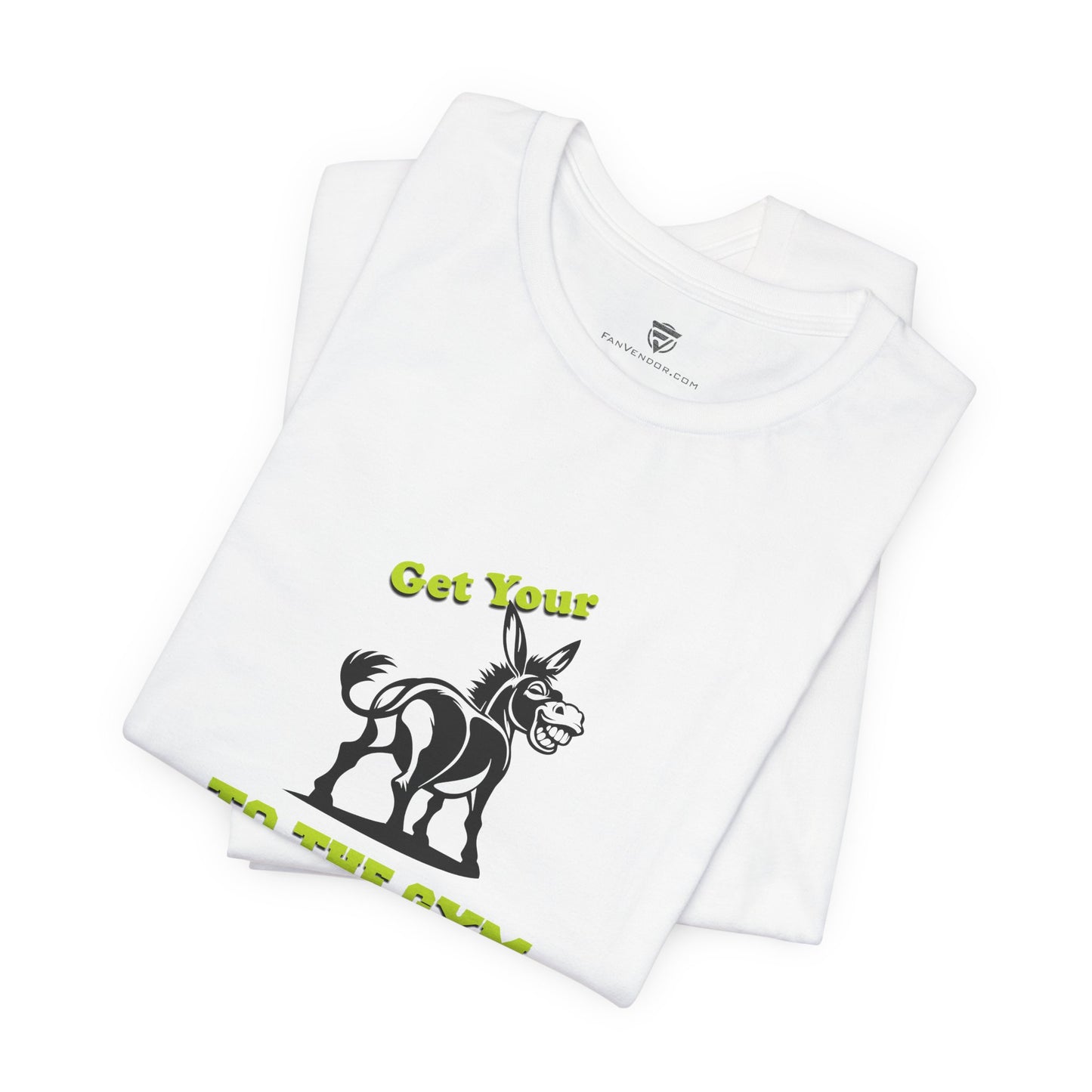 White t-shirt with a donkey graphic and text on a white background