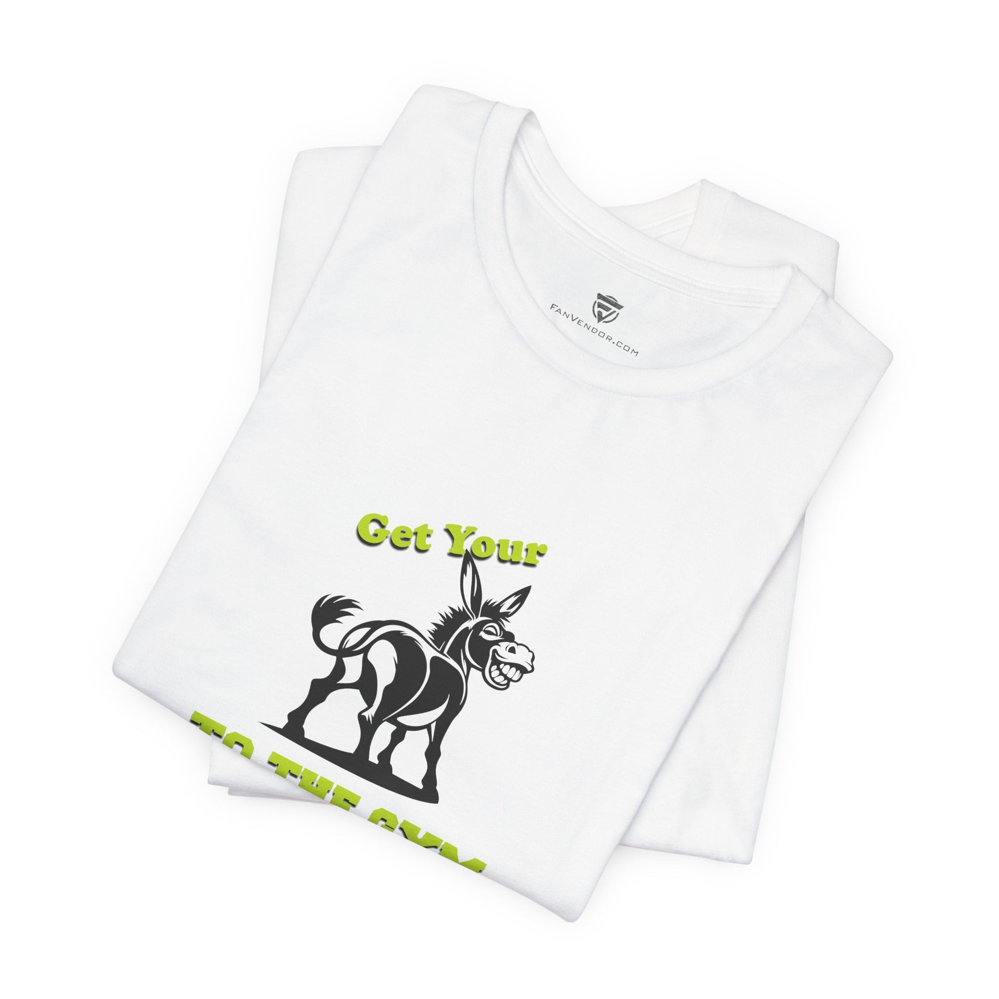 White t-shirt with a donkey graphic and text on a white background