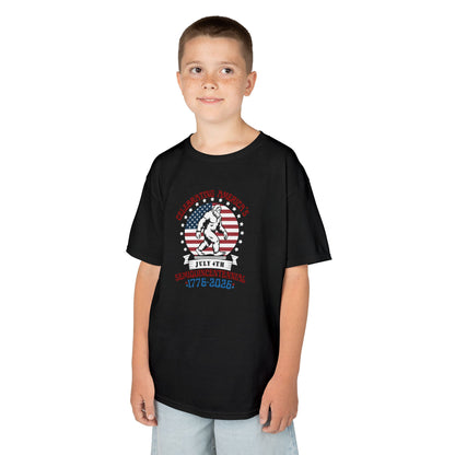 Child wearing a black t-shirt with a graphic design on a white background