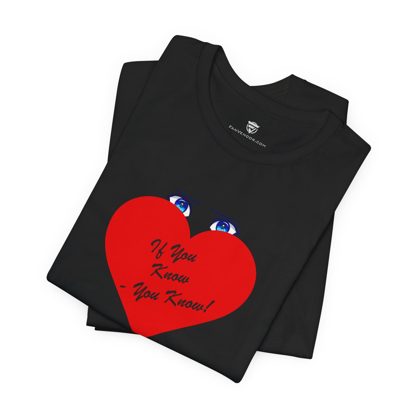 Black t-shirt with a red heart graphic and text on a white background