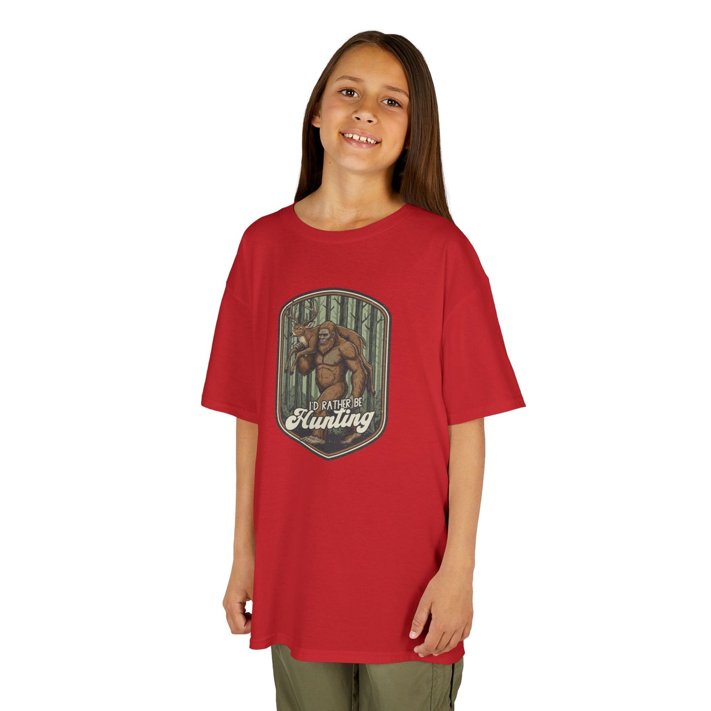 Child wearing a red t-shirt with a graphic design on a white background