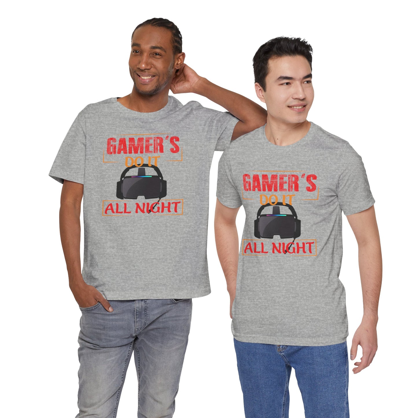 Two men wearing gray t-shirts with a gaming graphic and text.