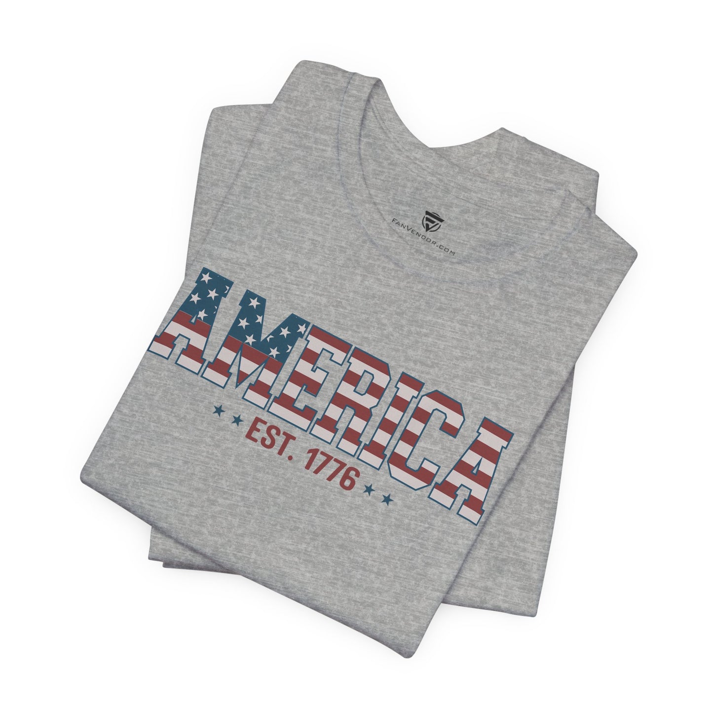 Gray t-shirt with 'America EST. 1776' design on a white background