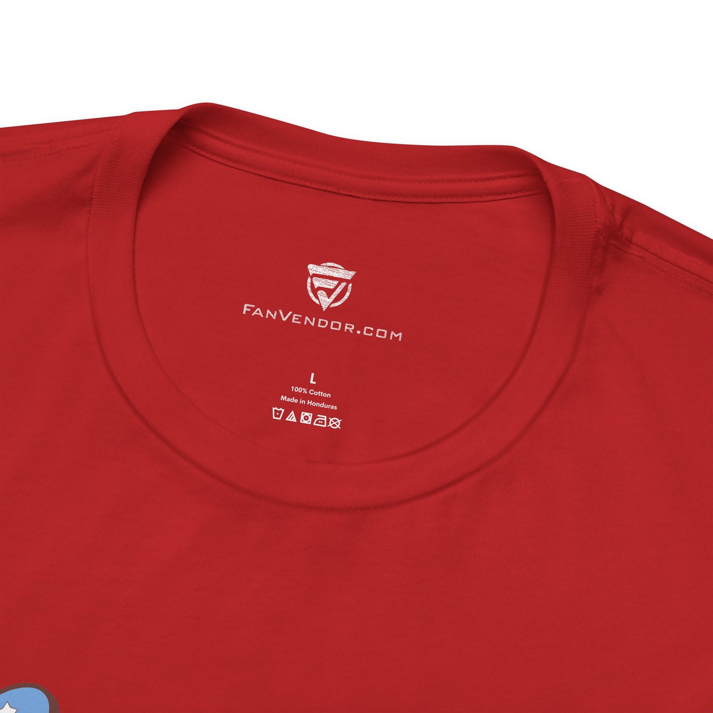 Red t-shirt with 'FanVendor.com' logo and text on a white background