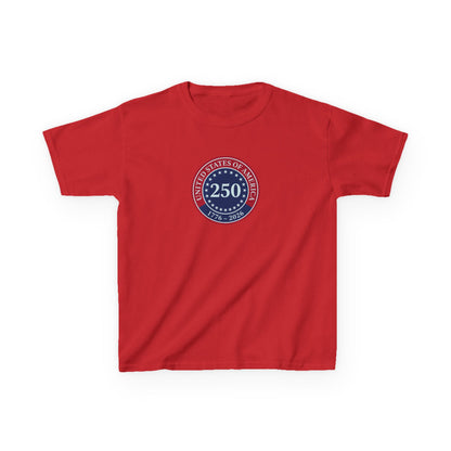 Red t-shirt with a blue and white emblem on a white background