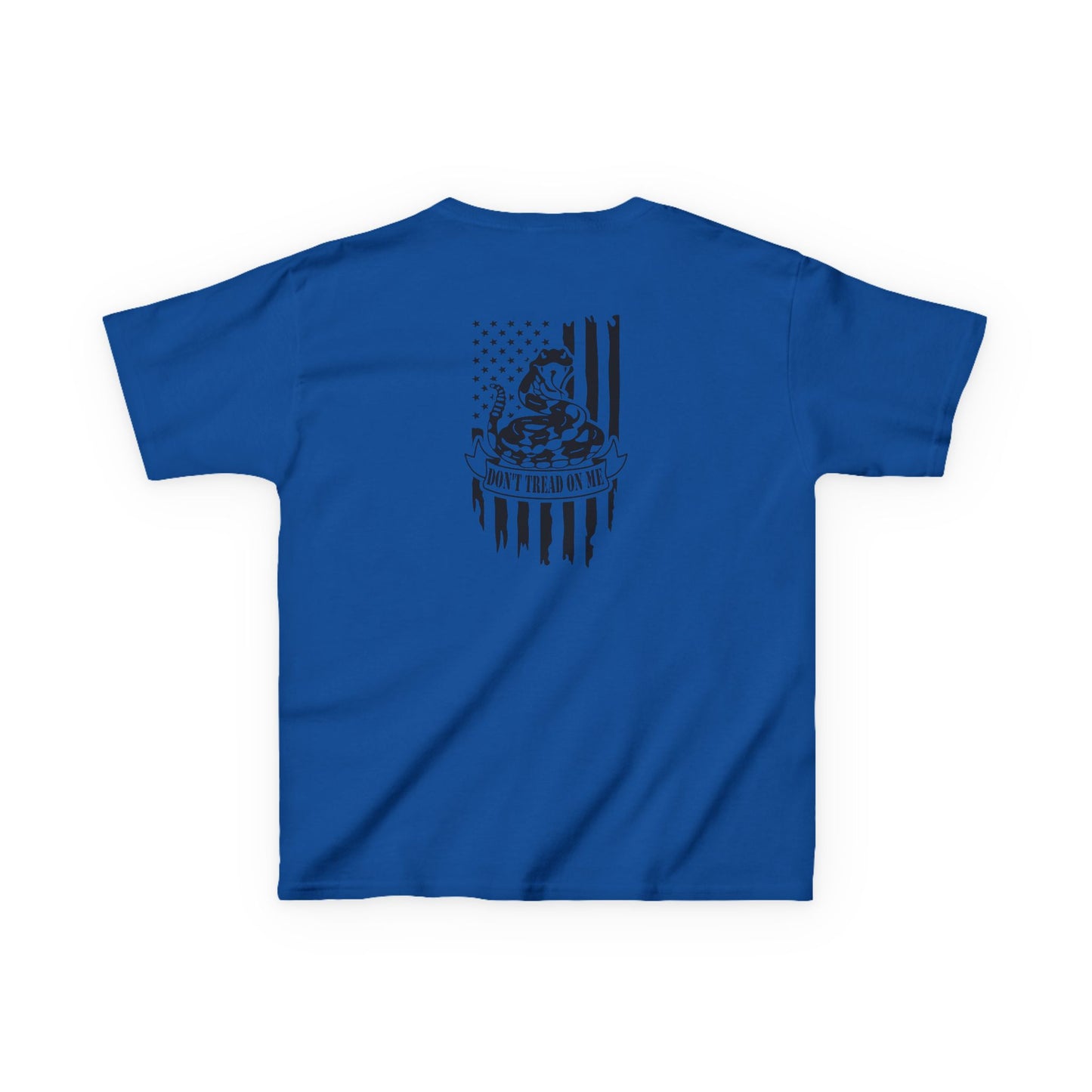 Blue t-shirt with a black graphic on the back against a white background