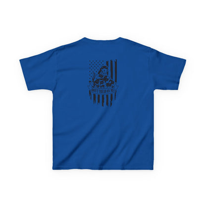 Blue t-shirt with a black graphic on the back against a white background