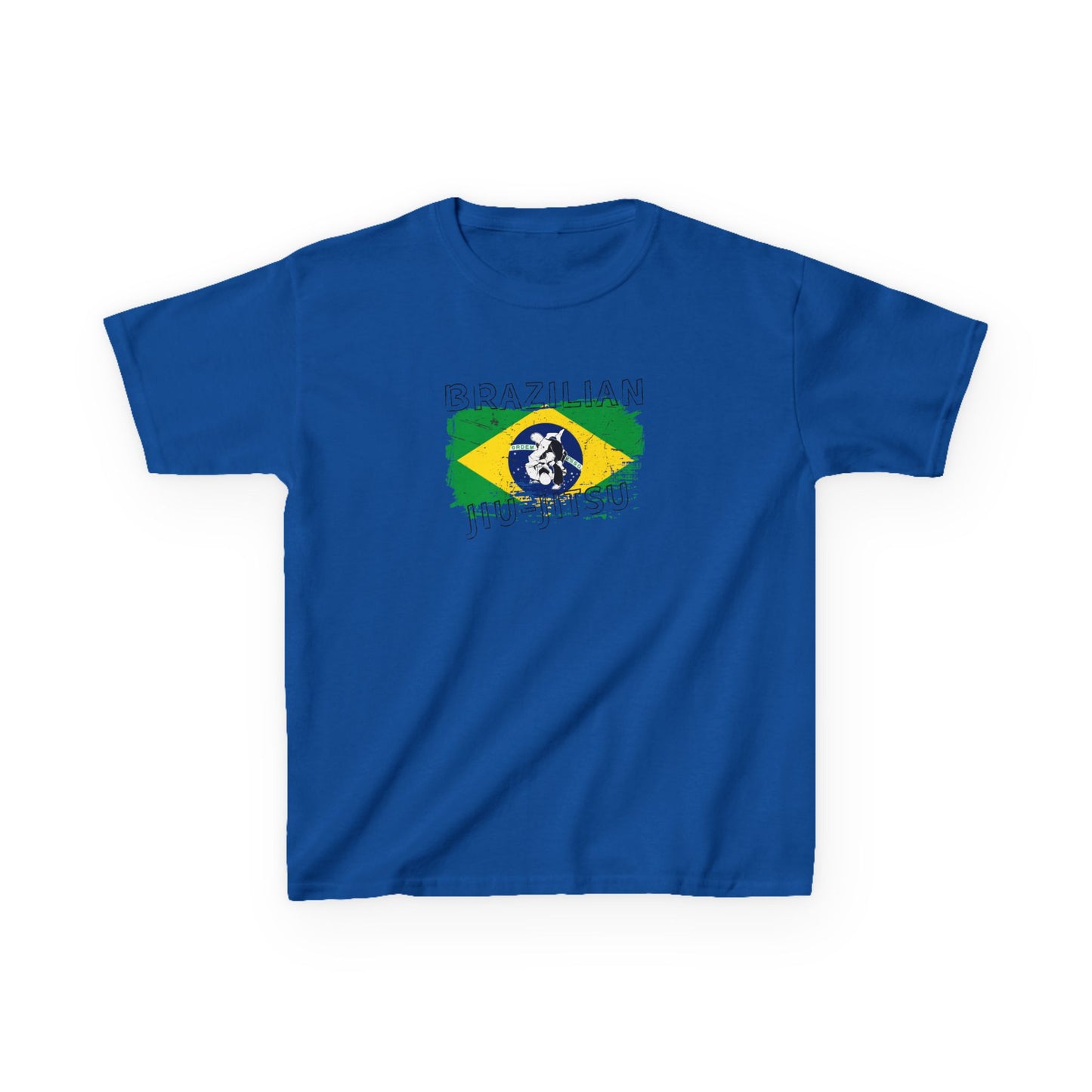 Blue t-shirt with Brazilian flag design on a white background