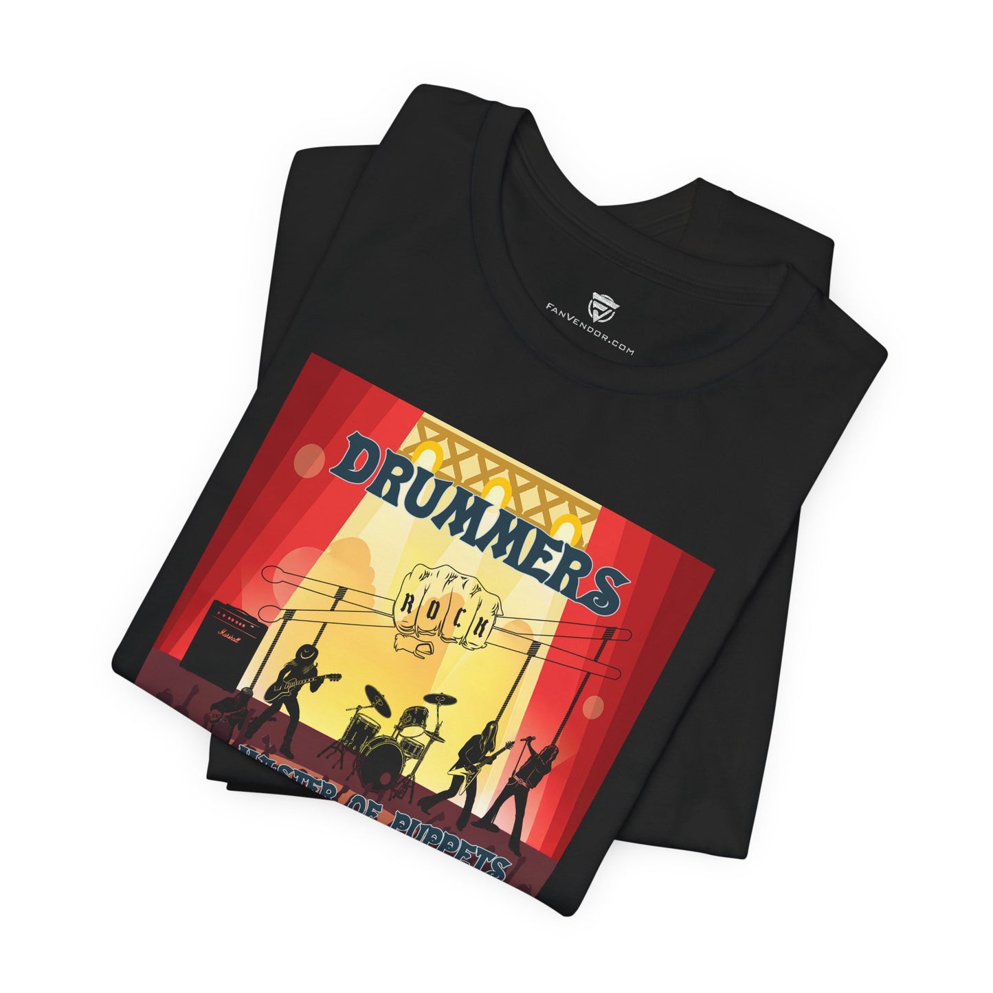 Black t-shirt with a colorful graphic design featuring silhouettes of drummers and text on a white background.