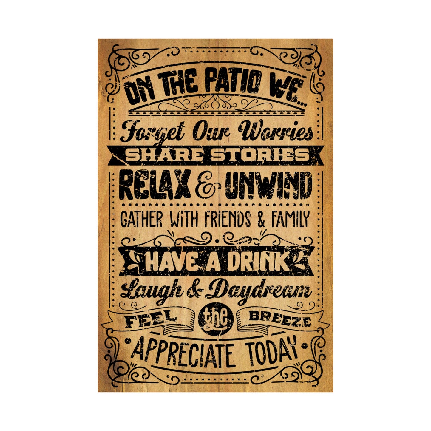 Wooden sign with engraved text on a white background