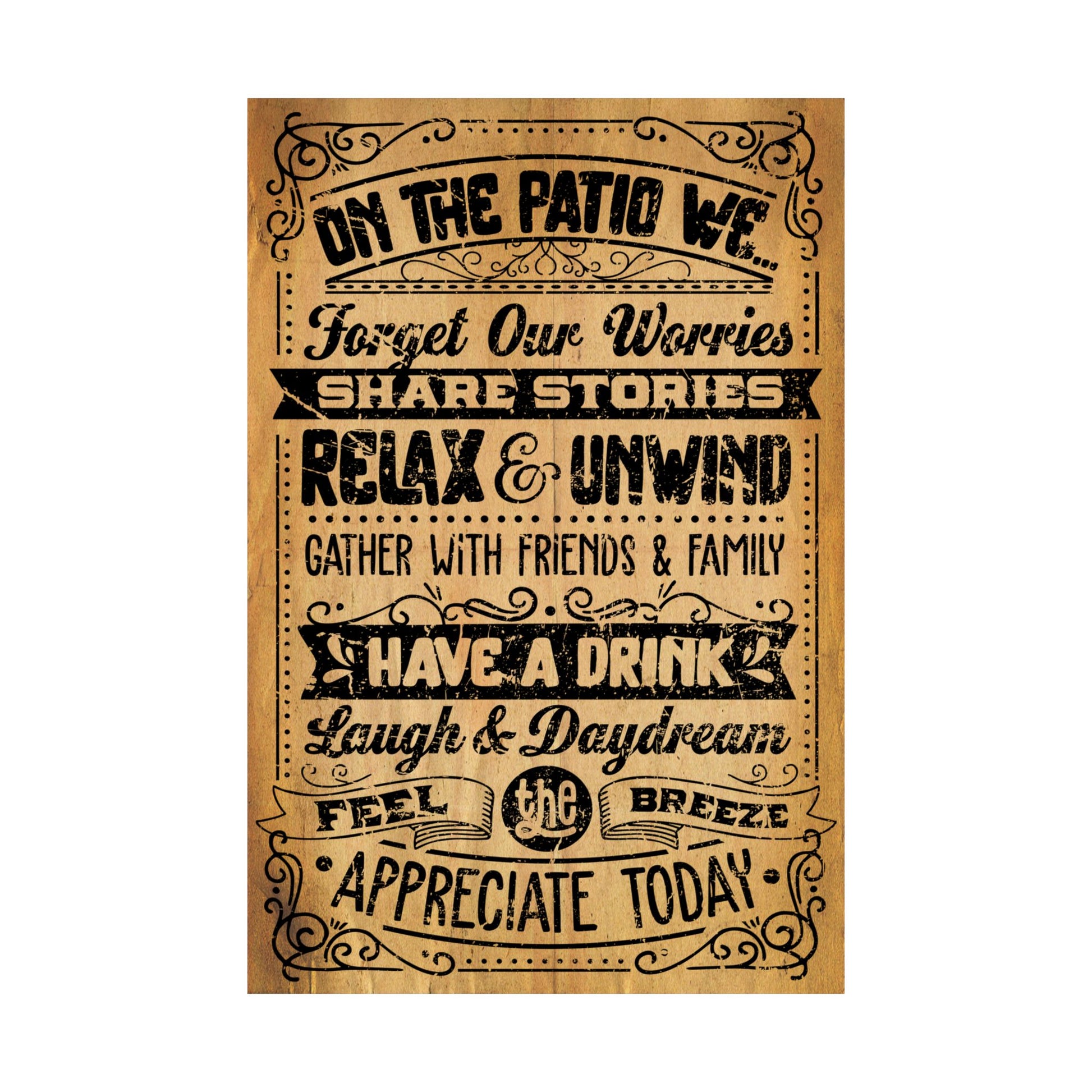 Wooden sign with engraved text on a white background