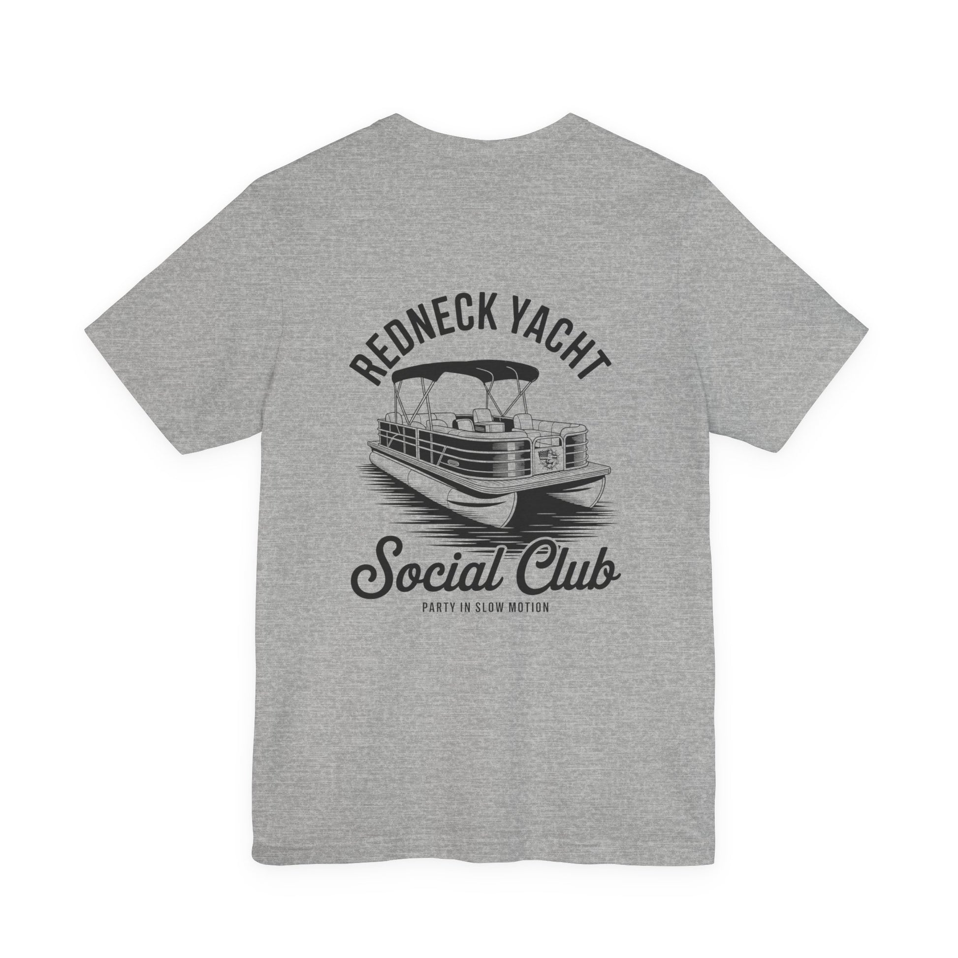 Gray t-shirt with a boat graphic and text on the back, on a white background