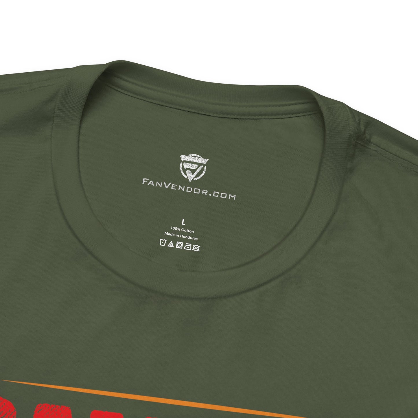 Green t-shirt with 'FanVendor.com' logo and text on a white background