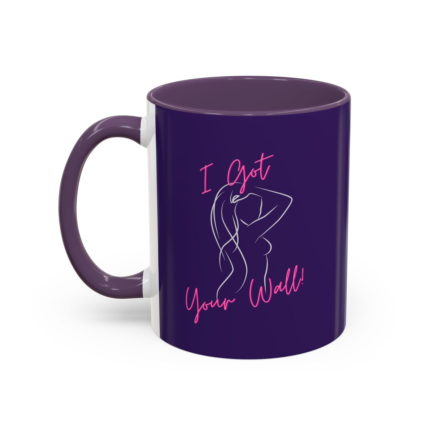 Purple mug with a graphic design and text on a white background