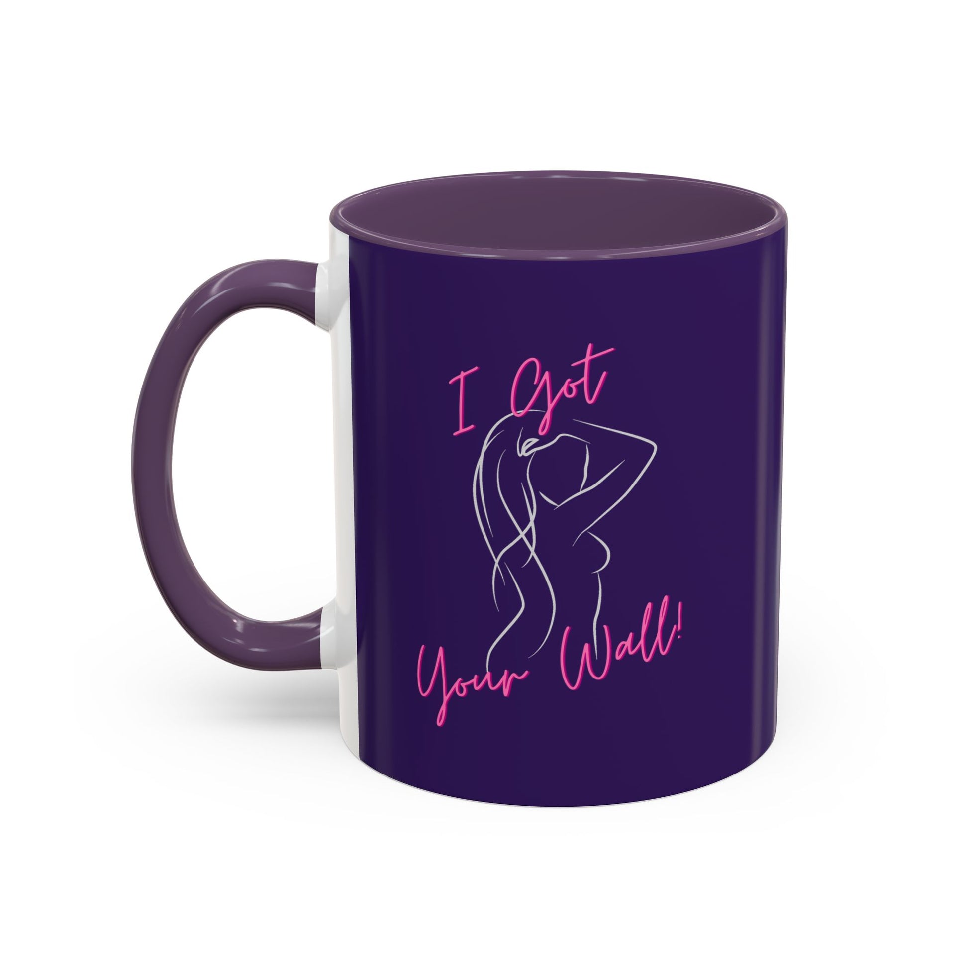 Purple mug with a graphic design and text on a white background