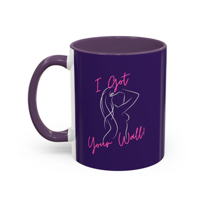 Purple mug with a graphic design and text on a white background