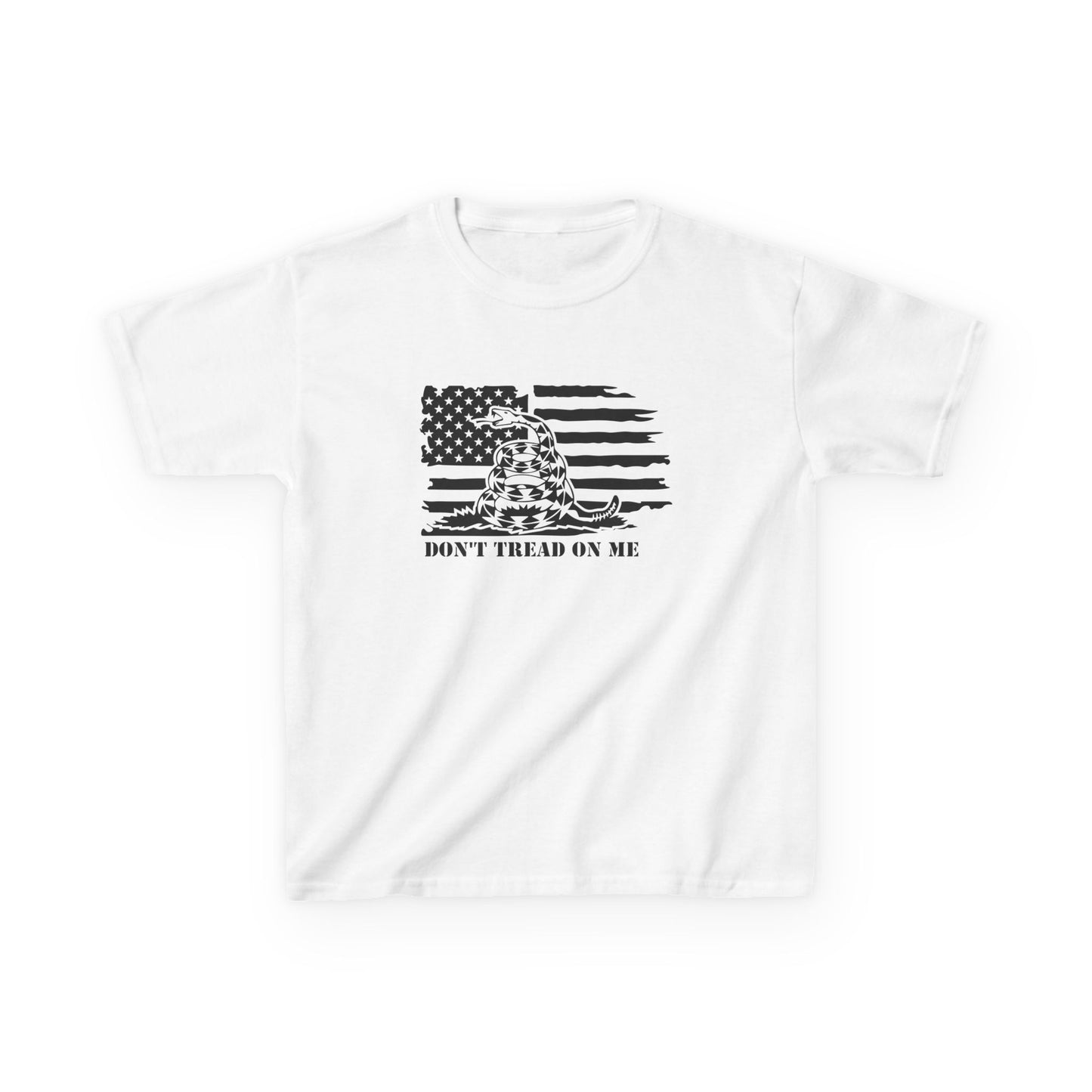 White t-shirt with black graphic design on a white background