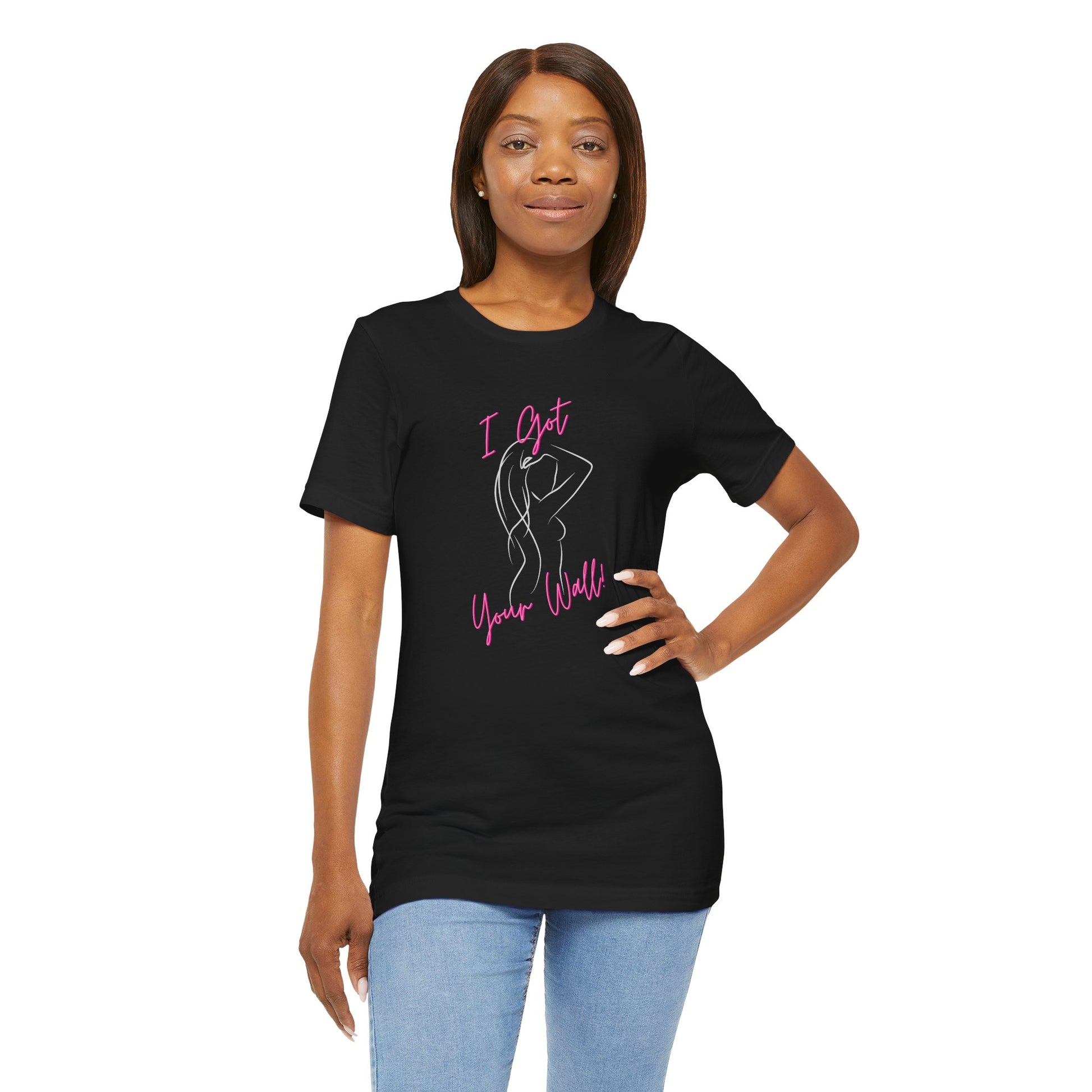 Woman wearing a black t-shirt with a small logo on a white background
