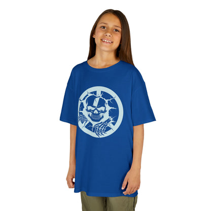 Child wearing a blue t-shirt with a white graphic design on a white background
