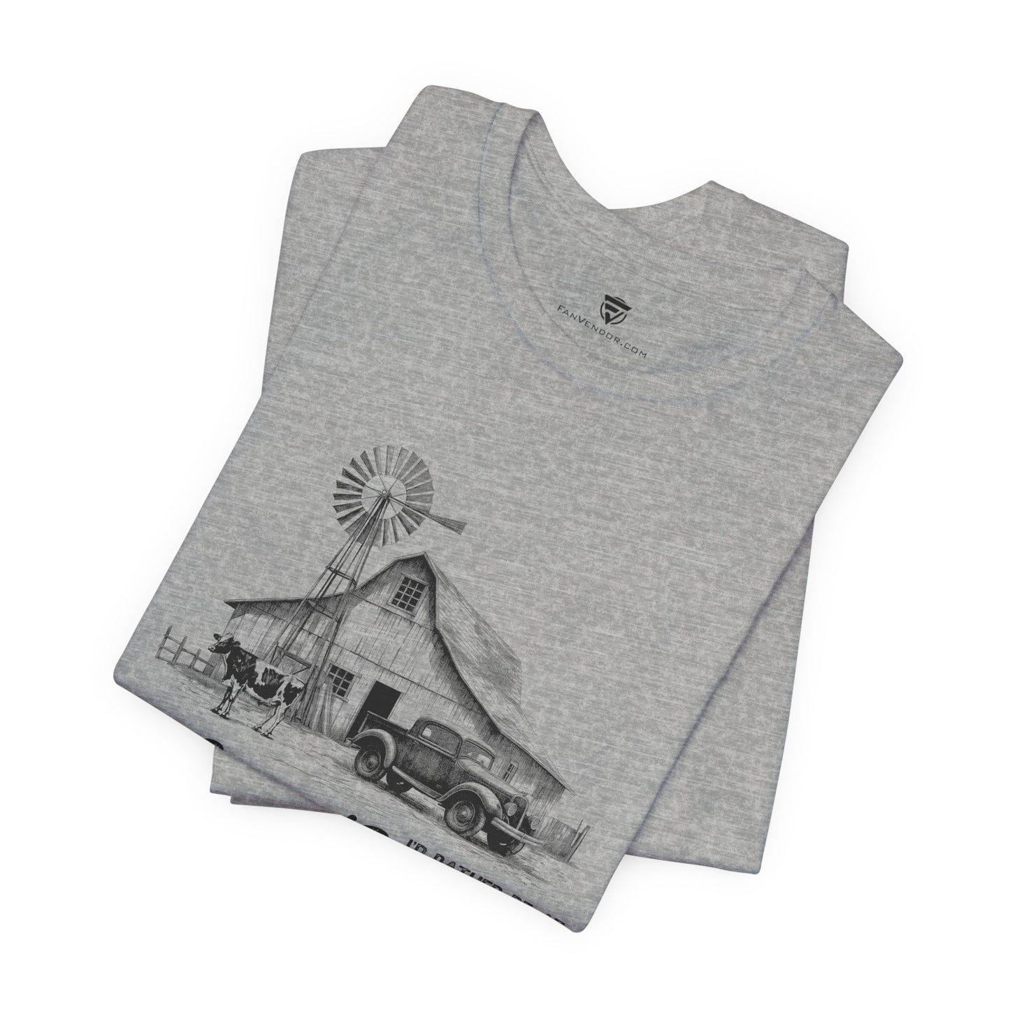 Gray t-shirt with a graphic of a barn and windmill 