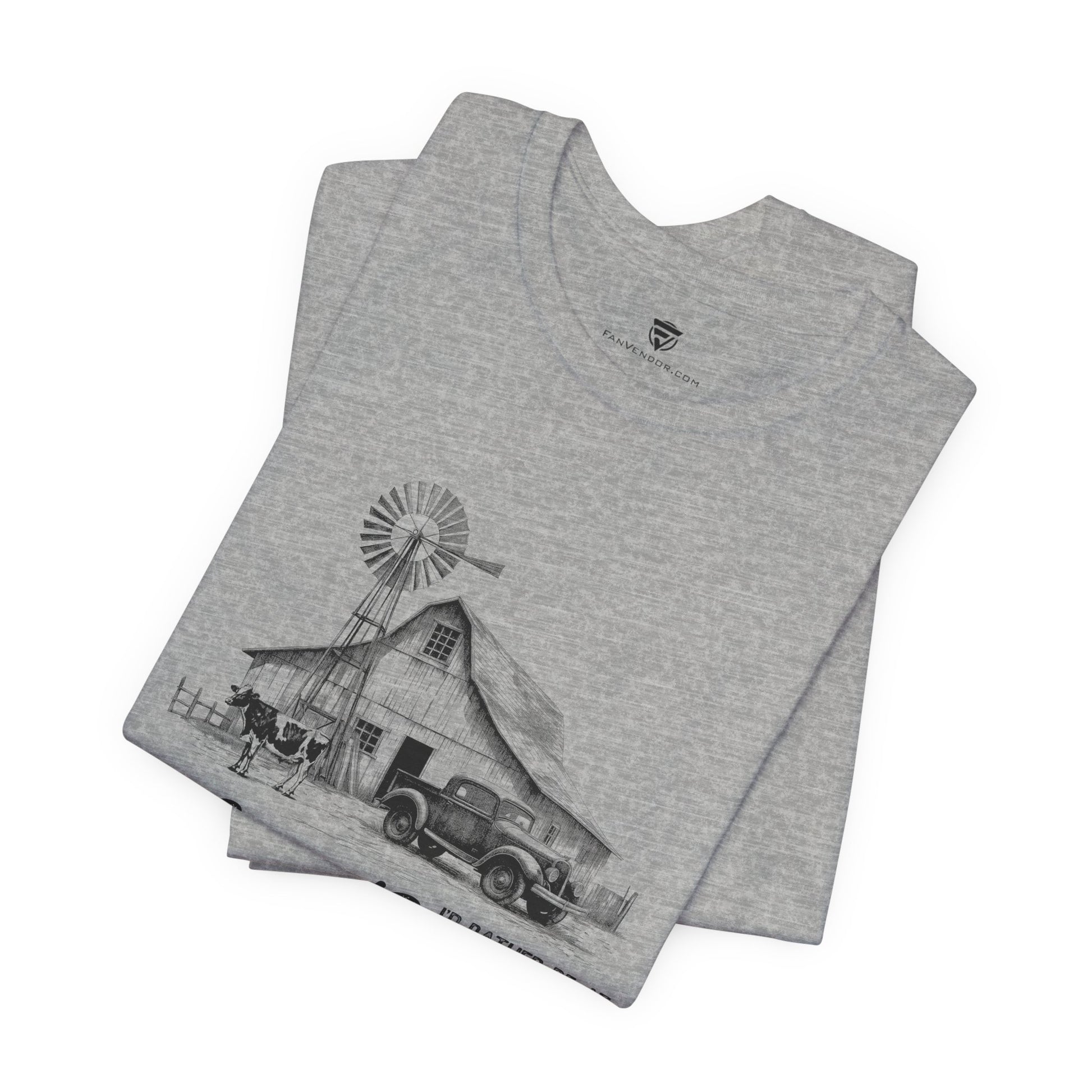 Gray t-shirt with a graphic of a barn and windmill 