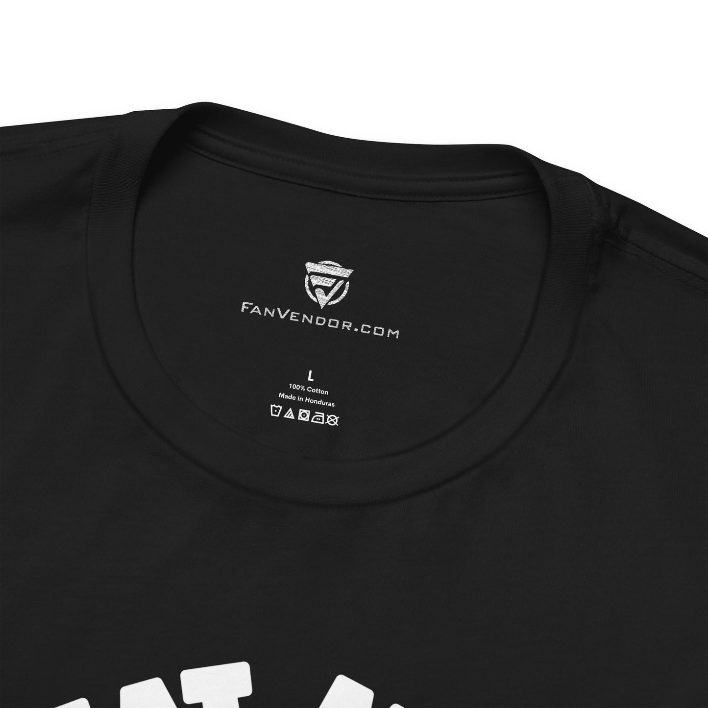 Black t-shirt with 'FanVendor.com' logo and text on a white background
