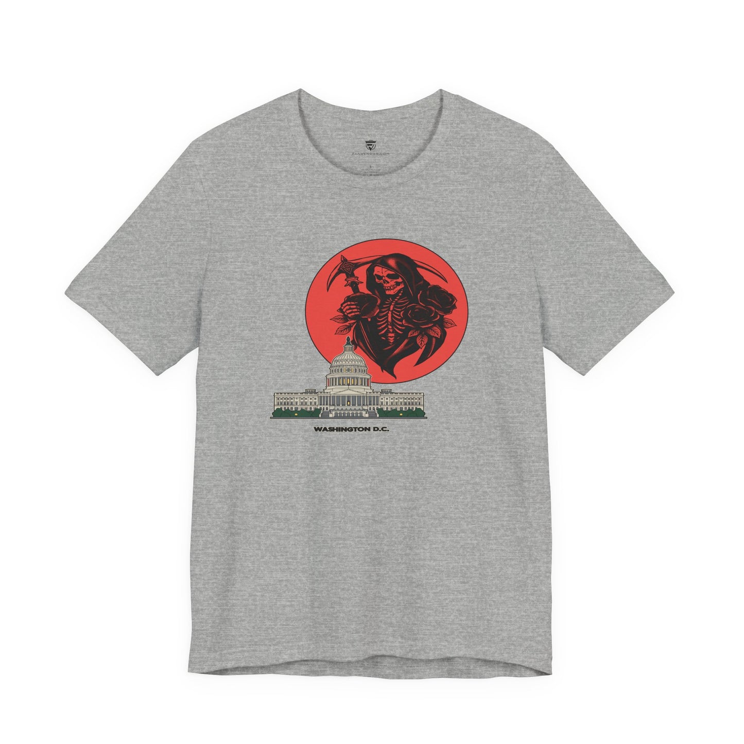 Gray t-shirt with a graphic design of a skeleton holding a rose over the White House.