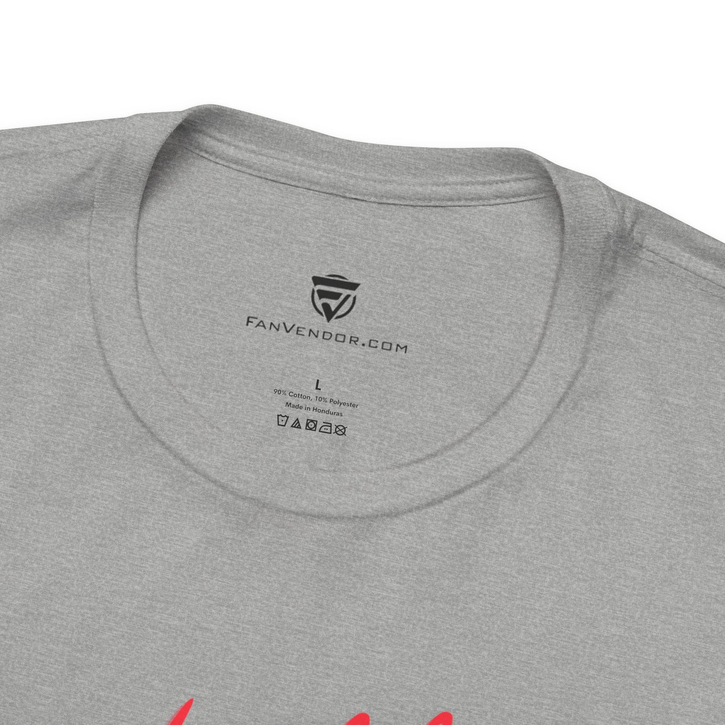 Gray t-shirt with 'FanVendor.com' logo and text on the collar area.