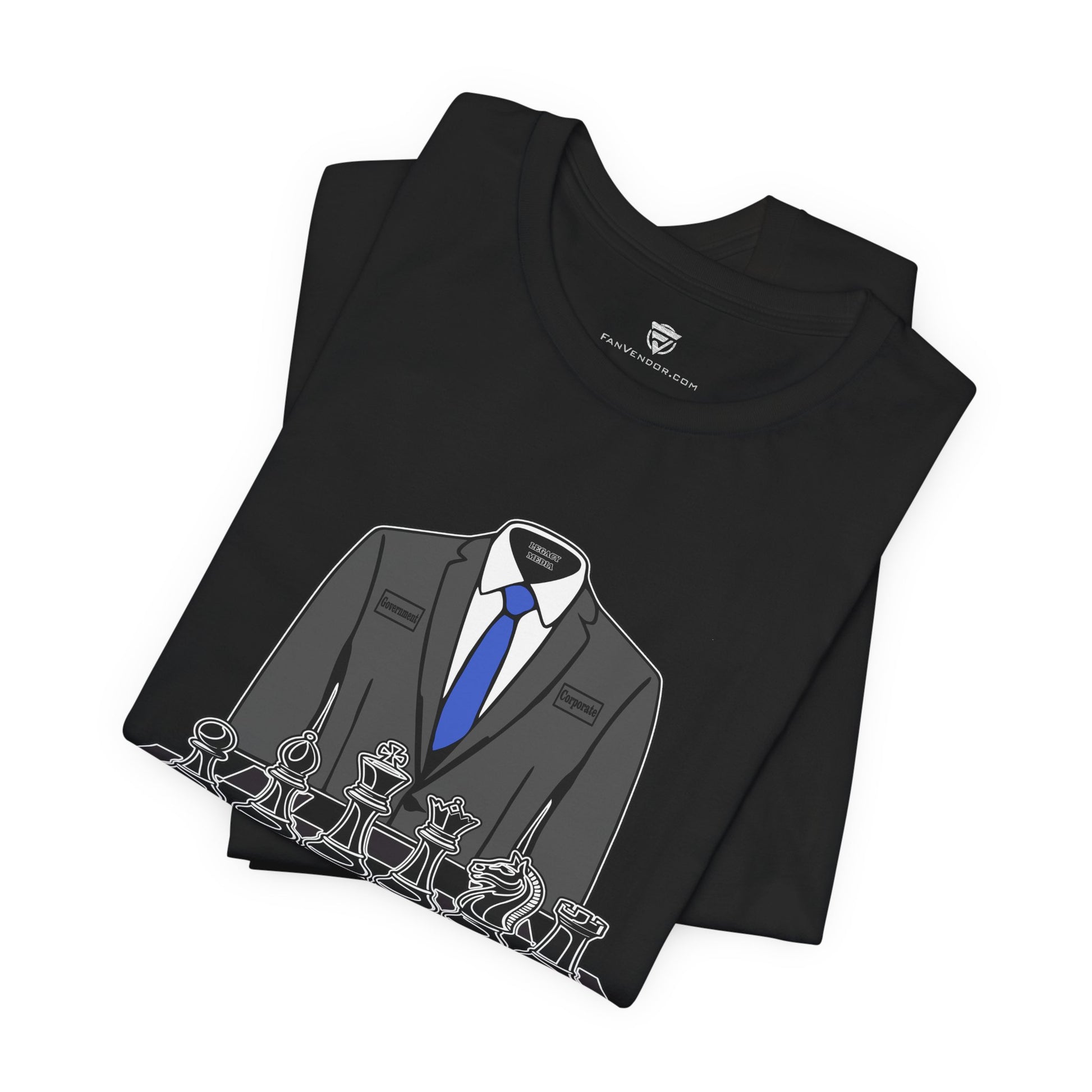 Black t-shirt with a suit and tie graphic on a white background