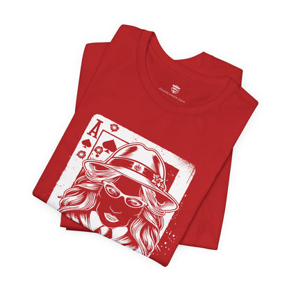 Red t-shirt with a graphic design of a woman's face on a white background