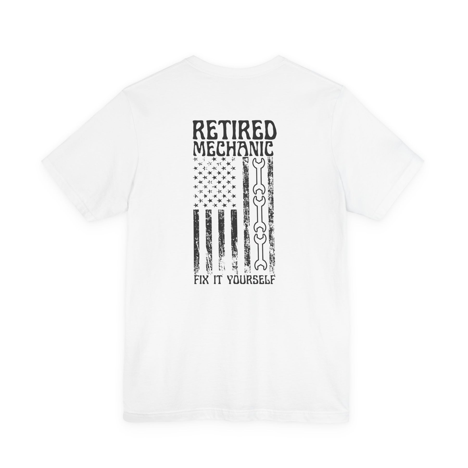 White t-shirt with black text and graphics on a white background