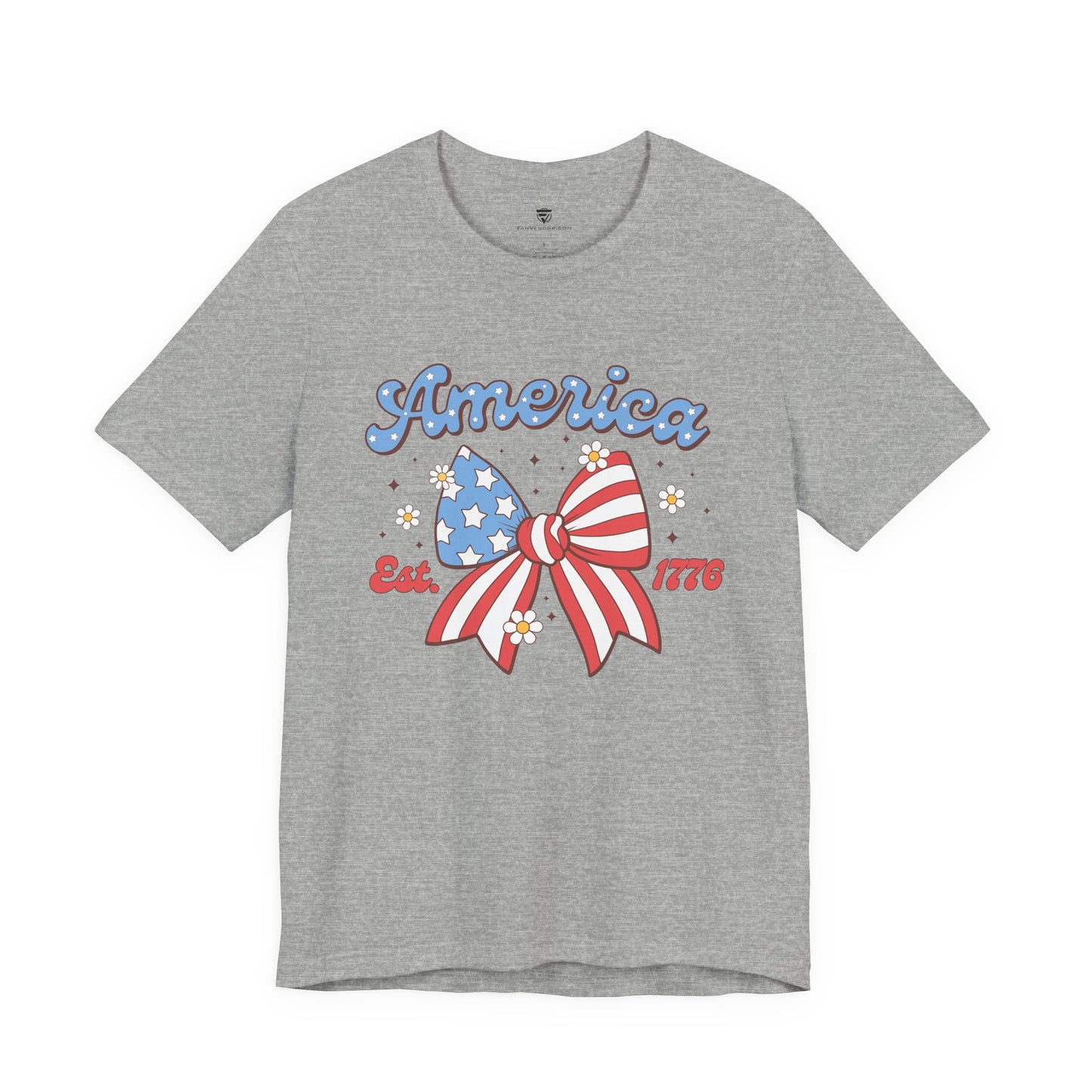 Gray t-shirt with an American flag bow and 'America' text on a white background