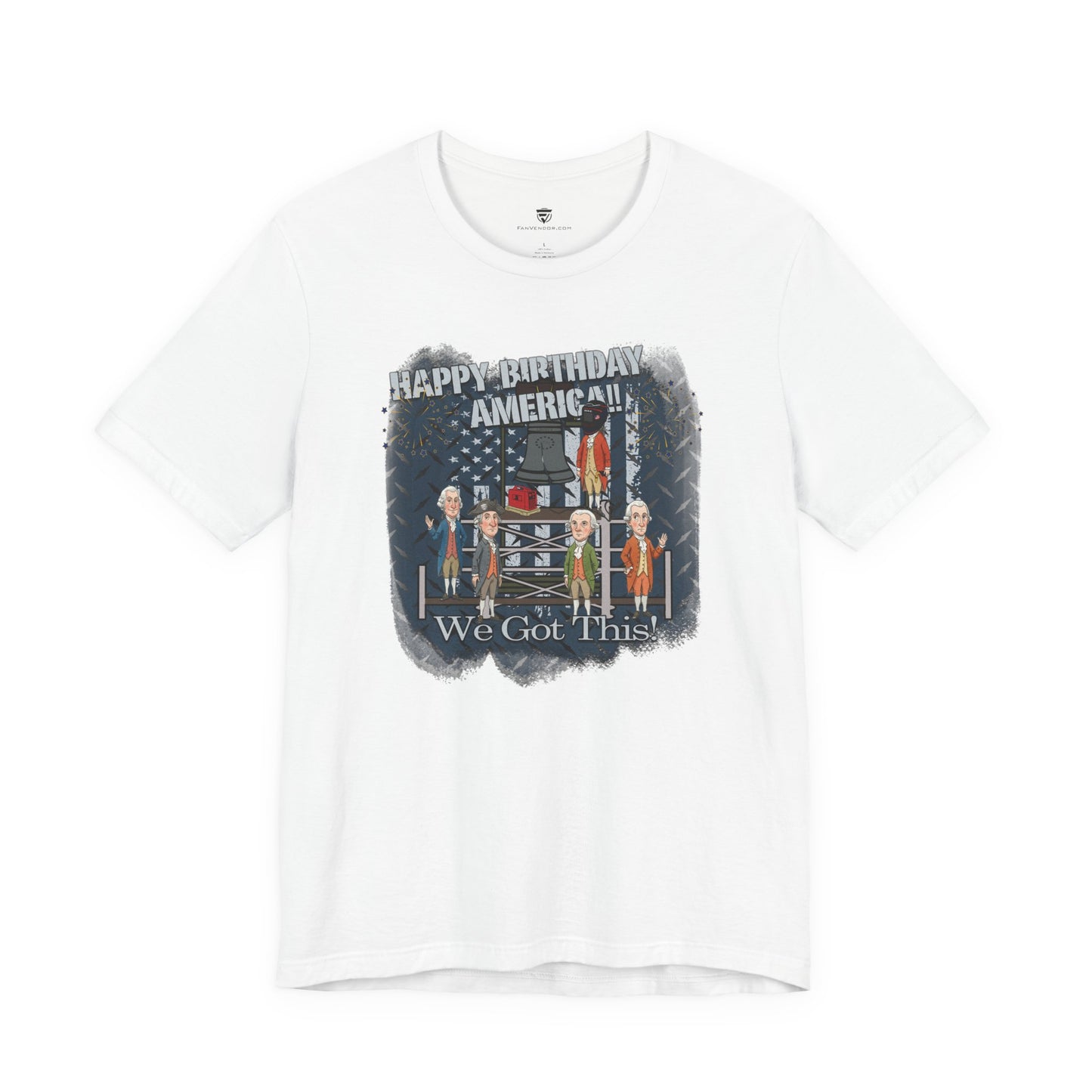 White t-shirt with graphic design and text on a white background