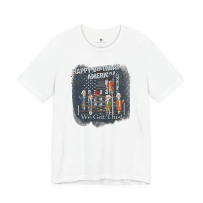 White t-shirt with graphic design and text on a white background