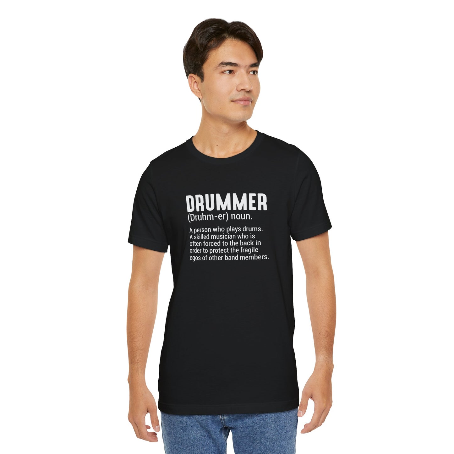 Man wearing a black t-shirt with text on a white background